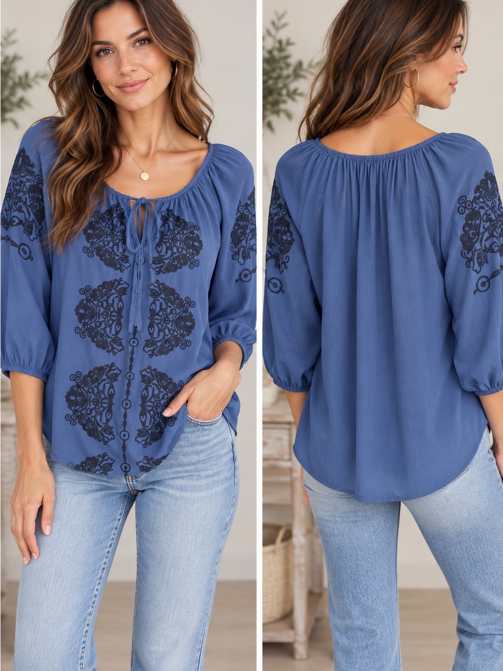 Solitaire Blue Embroidered Boho Peasant Blouse 3/4 Sleeve Small